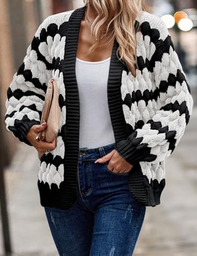 Image of Arssm Womens Oversized Chunky Cardigan Sweaters Open Front Striped Color Block Cable Knit Fall Winter Sweater Coats(White-L)