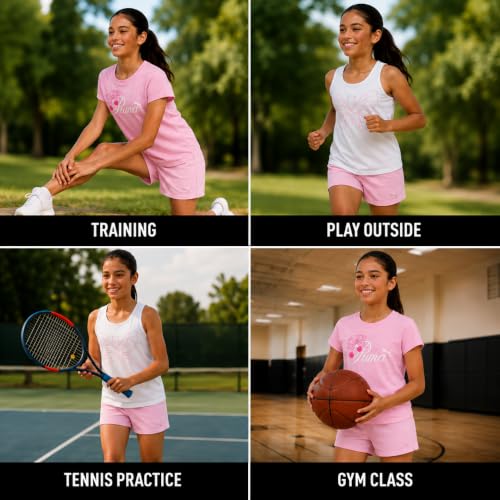 Image of PUMA Girls Active Shorts Set - 3 Piece Performance T-Shirt, Tank Top, Gym Shorts - Summer Athletic Outfit for Girls (7-14)