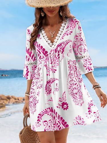 Image of CUPSHE Women V Neck Lace Trim Mini Summer Dress Cover Up 3 /4 Sleeve Ruffled Cuff Casual Sundress Beach Dresses Cover Ups