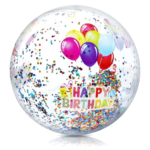 4E's Novelty 22 Inch Large Happy Birthday Beach Ball with Glitter Inside, for Pool Birthday Decorations Supplies, Outdoor Yard Games, Inflatable Pool Toys for Kids Adults