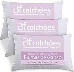 Kit 3 Travesseiros Fibras Toque Pluma de Ganso 100% Algodão Percal 300 Fios Premium Antialérgico 50x70cm - BF Colchões