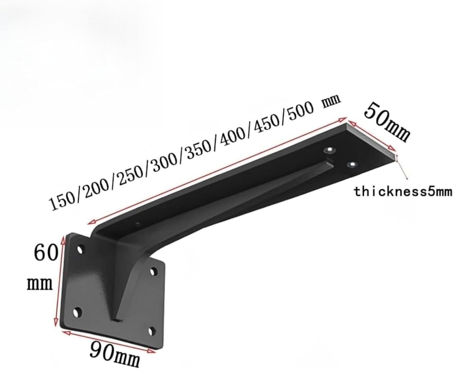 L字型棚受け金具セット 2個 白黒 耐荷重300kg 厚さ5mm サイズ200-500mm 壁面用 DIY用 直角ブラケット リビン