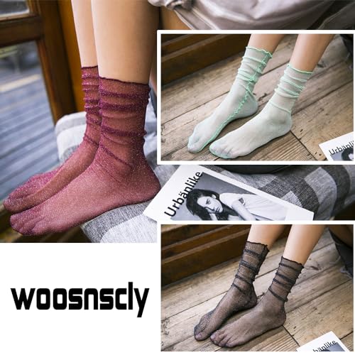 Image of Mesh Lace Socks Sheer Glitter Tulle Socks Ultra Thin See Through Transparent Loose Mesh Socks for Women Girls Dress 5 Pairs