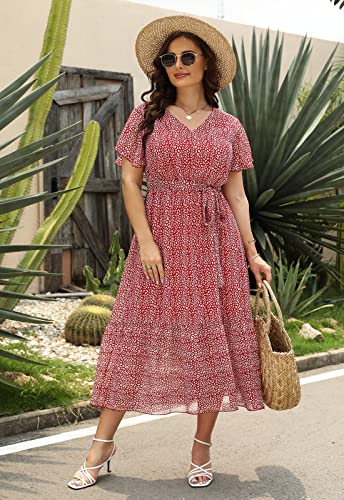 Image of Nemidor Plus Size Women Casual Maxi Dresses Print Bobo Belted Layered Chiffon Summer Long Dress with Ruffle Sleeve