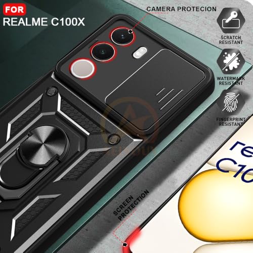 Image of Armor Bumper Back Cover Case for Realme C100X Rotating Camera Cover, Ring Holder & Kickstand | Heavy Duty & 360 Degree Protection Back Cover for Realme C100X (Black)