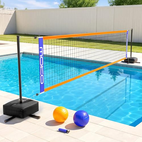 MoKo Pool Volleyball Net, Swimming Pool Volleyballs Set with Adjustable Length 15-25FT, Water Volleyball Stand with Two 25L Dual Water Bags, Pool Games for Adults and Family Members, Orange+Blue