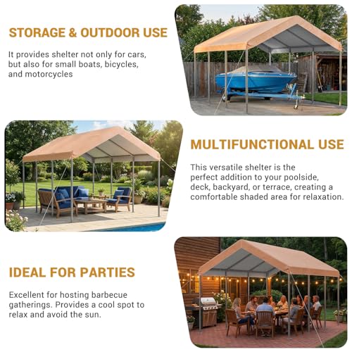 Image of Aoxun 10x20 ft Heavy Duty Carport, Adjustable Height Portable Garage, Khaki