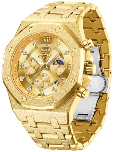 Image of OPK Men Analog Automatic Watches Waterproof Multifunction Chronograph Diamond Moon Phase Luminous Stainless Steel Band Wrist Watches