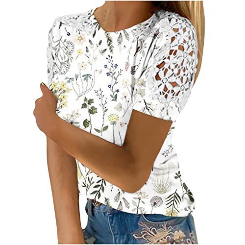 Cute Tops For Women Spring, White Shirts For Men Women's Fashion Printed T-Shirt Lace Short Sleeves Blouse Round Neck Casual Tops Army Green, S #TOP9