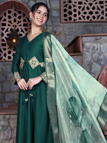 Image of EthnicJunction Women's Cotton Silk Embroidered Anarkali Kurta Palazzo with Digital Print Dupatta Set
