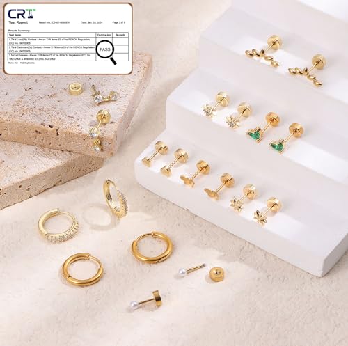 Dochais Surgical Steel Flat Back Earrings Small Cartilage Hoop Earring for Sensitive Ears Women Trendy 14k Gold Flatback Studs Hypoallergenic Earings Stacks Tragus/Helix Piercing, Gold