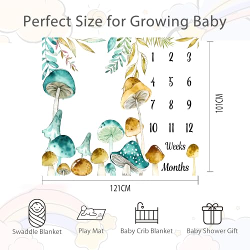 Image of Mushroom Theme Baby Monthly Milestone Blanket, Soft Flannel Watercolor Spring Tropical Eucalyptus Leaves Botanical Photography Prop Newborn Baby Shower Age Growth Tracker (Teal Mustard, 48x40in)