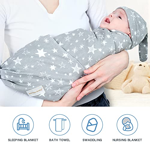 Image of Newborn Swaddle and Hat Set 6 Pack 100% Cotton Knitted Baby Receiving Blankets 35 inch x 35 inch Soft Unisex Swaddle Wrap for Girls and Boys (Whale+Elk+Green Stripes)