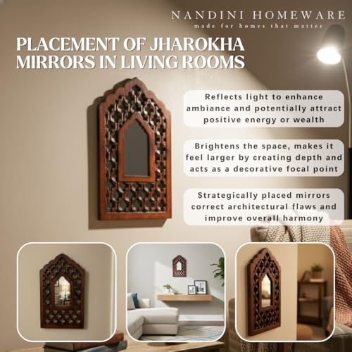 Image of Nandni Homeware Handcrafted Traditional Brown Mughal MDF Wooden Mirror Jharokha Wall Art | Boho Vintage Style Decorative Wall Hanging for Living Room, Bedroom & Home Interiors (Brown Mughal)