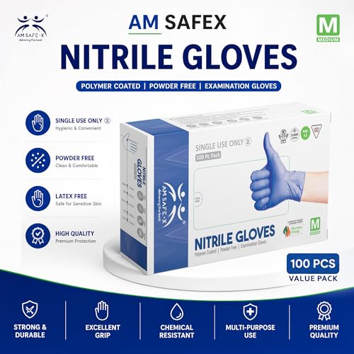 Image of AM Safe X Powder Free Blue Nitrile Gloves for Hands 2000pcs | Pack of 20 | Food Grade Heavy Duty Disposable Multipurpose Gloves|Cleaning, Kitchen, Tattoo, Salon, Automotive & Examination Gloves Medium