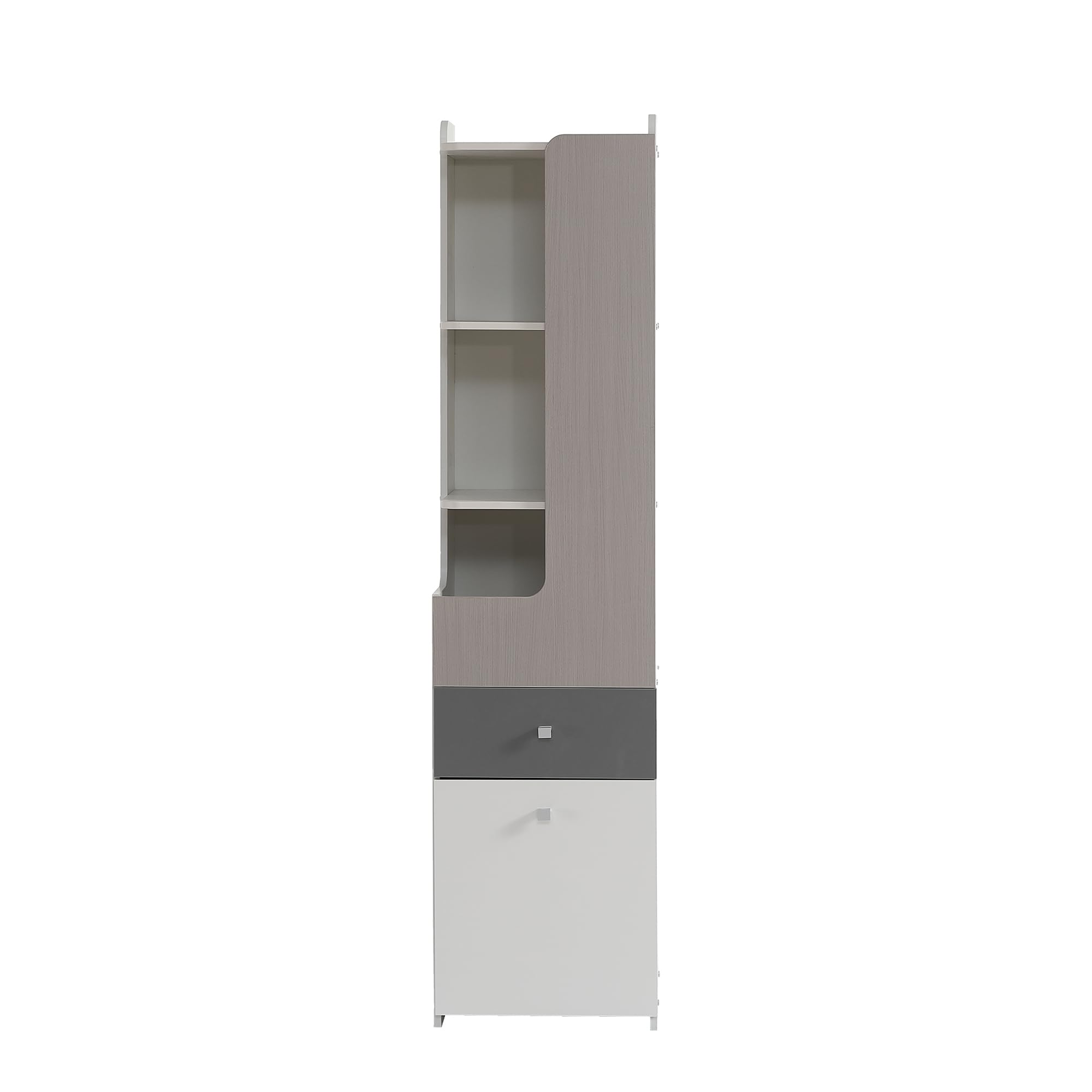 Idemon Libreria alta per adolescenti con porta a forma di L, con cassetto, porte con cerniere, con bottoni quadrati in metallo, MDF, bianco + olmo chiaro + grigio