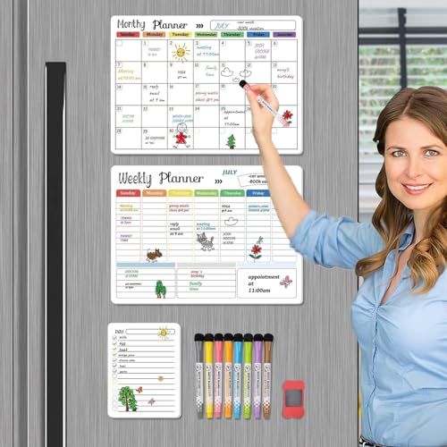 hivillexun magnetic dry erase calendar whiteboard set 3-pack for fridge wall and refrigerator organization  monthly weekly and daily planners with 8 markers and eraser