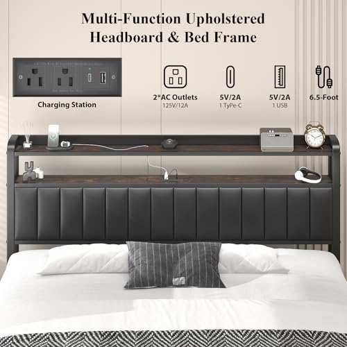 Image of King Size Platform Bed Frame with Storage Headboard, Star Projector, Black | Charging Station, Heavy-Duty Metal Slats, PU Leather Upholstered Platform, Storage Ottoman, Noise-Free, No Box Spring Needed