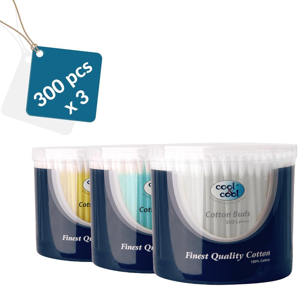 Cool & Cool Ear Buds - 300's(Pack of 3) - Round Thick Tips,Cotton Swabs,100% Cotton,Double Tipped,Hygienic,Gentle & Safe Swabs for Ears - 900 Pieces - Assorted