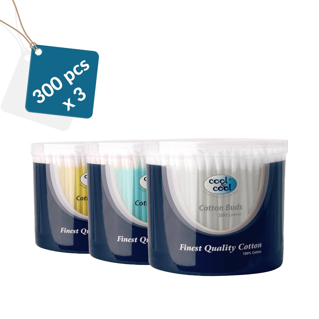 Cool & Cool Ear Buds - 300's(Pack of 3) - Round Thick Tips,Cotton Swabs,100% Cotton,Double Tipped,Hygienic,Gentle & Safe Swabs for Ears - 900 Pieces - Assorted