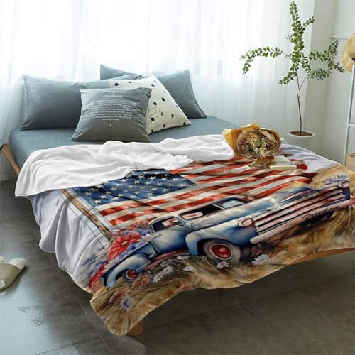 Image of YeeJu Patriotic Throw Blanket Queen Size Big 4th of July Memorial Day Fourth of July Blanket Bed Couch Soft Fleece Blanket Stars and Stripes Red White Blue American Flag Veteran Blanket 90x90