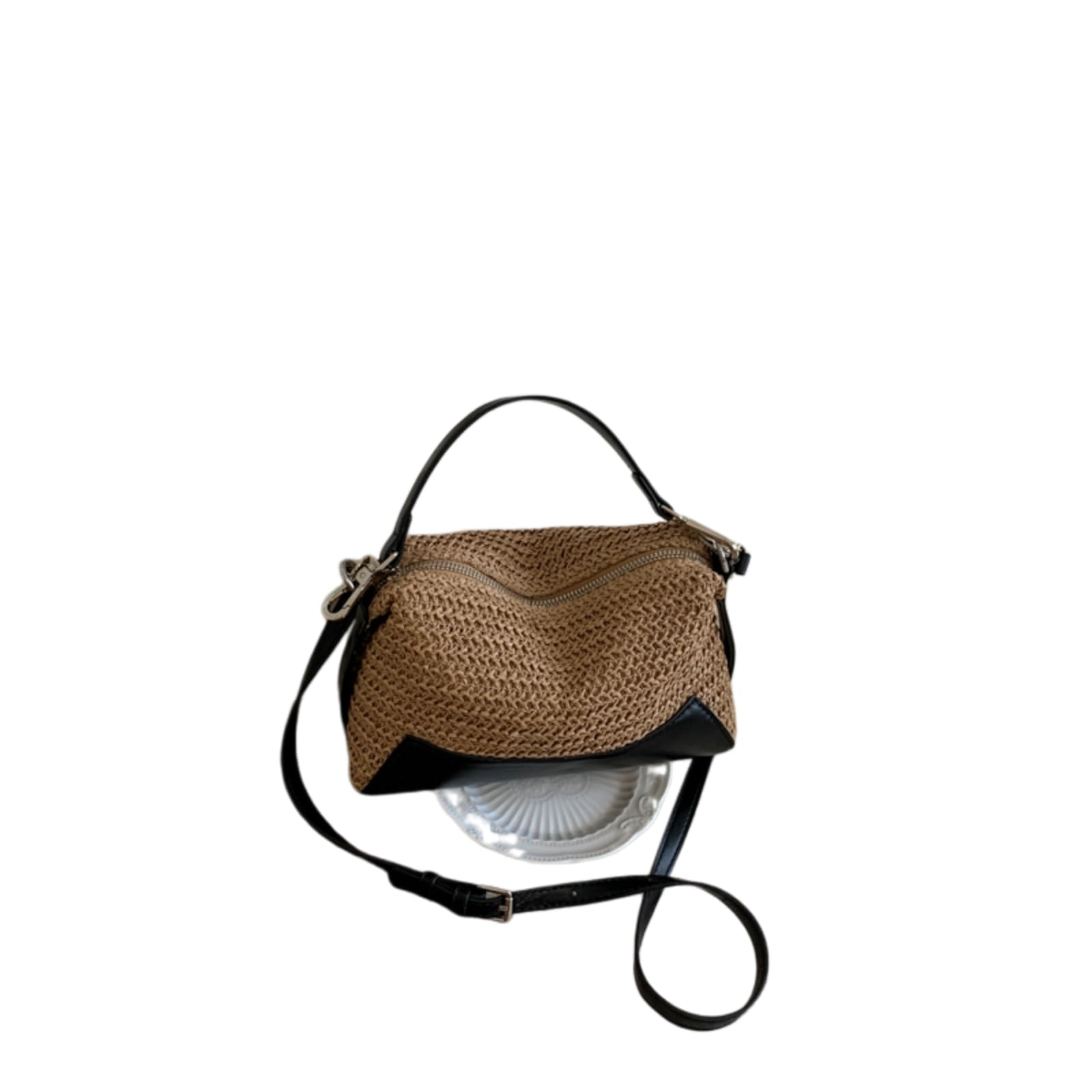 Bolso Hombro Paja Empalmado Tejido Barril De Cierre Cremallera Correas Desmontables Verano Playa Crossbody Mini Bolso-Black