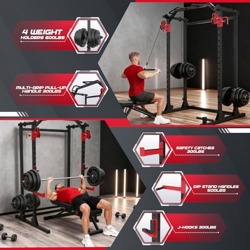Image of OPPSDECOR Power Cage, 2000LBS Squat Rack with Dual Pulley Cable Crossover System, Multifunctional Power Rack with More Training Attachments for Home Gym, Weight Cage Fits Compact Space