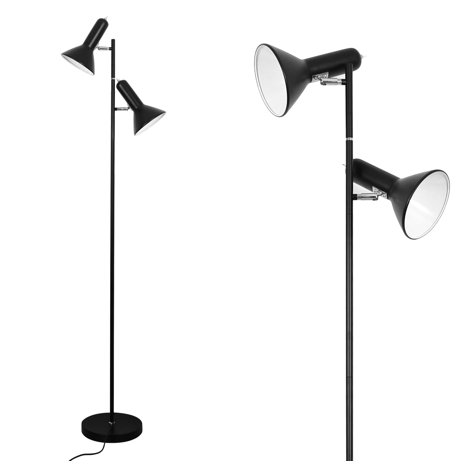 Amdelne Leselampe Stehlampe E27, 2 Flammig max. 60W(ohne Leuchtmittel), Stehleuchte Wohnzimmer Höhe 161cm, Retro Stehlampen Vintage, Metall Industrial Standleuchte für Sofa Schlafzimmer Büro, Schwarz