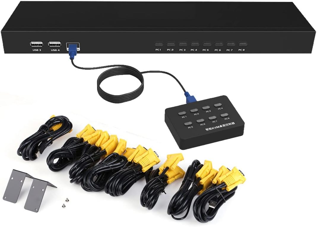 ES-Tune 8ポートKVM切替器 8入力1出力 VGAケーブル8本付き サーバー管理 最大解像度1920*1440 有線手元コン