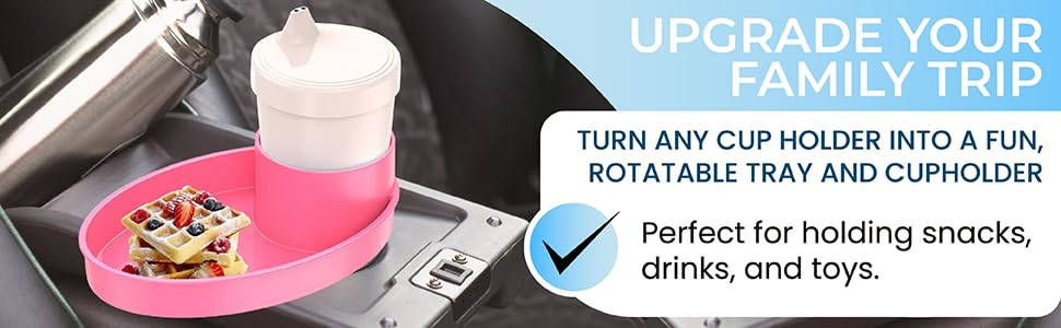 Image of Complete Kids Travel Tray Kit - Easily Expands Cup Holder into 360 Cup & Travel Tray for Kids Car Seat, Booster, and Stroller - Toddler Road Trip Essentials Set Includes Coaster & Brush (Pink)
