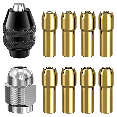 Drill Chuck Collet Set for Dremel, 1/32´´ to 1/8´´ Replacement 4486 Drill Keyless Bit Chuck Shank Rotary Tool Quick Change Adapter with Replacement 4485 Brass Quick Change Rotary Drill Nut Tool Set