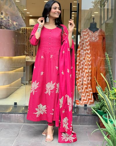 Image of GoSriKi Women's Rayon Blend Anarkali Printed Kurta with Pant & Dupatta | Ethnic Kurta Pant Dupatta Set for Women | Traditional Indian Wear Outfit