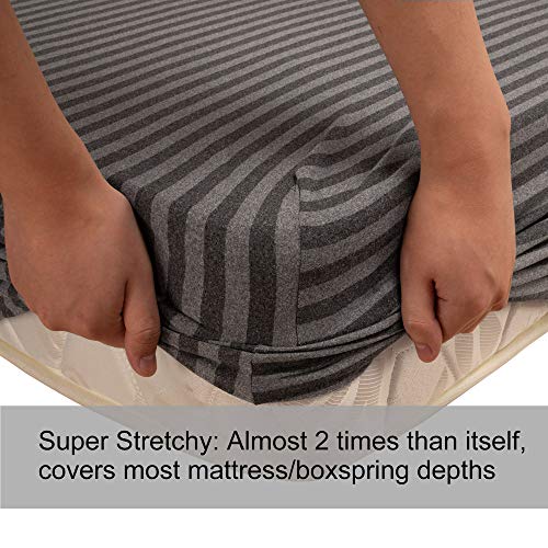 Image of Queen Size Fitted Sheet Only - 4-Way Stretch Jersey Knit, T-Shirt Feeling & Ultra Soft, Wrinkle Free, Non-Slip & Snug Fit for Mattress (Deep: 5 inch-16 inch) - Gray & Black, Queen