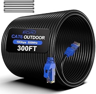 350FT Cat6 Outdoor Ethernet Cable, In-Ground, Heavy Duty Direct Burial, 24AWG CCA Patch Cord, POE, UTP, Waterproof, LLDPE UV Resistant, Network, Internet, LAN, Cat 6 Cable 350 Feet with 25 Cable Ties