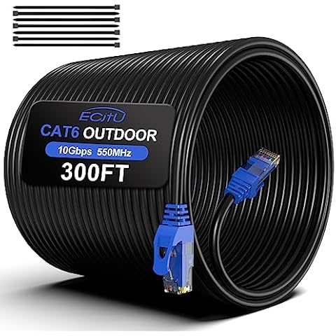 300FT Cat6 Outdoor Ethernet Cable, In-Ground, Heavy Duty Direct Burial, 24AWG CCA Patch Cord, POE, UTP, Waterproof, LLDPE UV Resistant, Network, Internet, LAN, Cat 6 Cable 300 Feet with 25 Cable Ties Cover