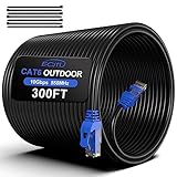 300FT Cat6 Outdoor Ethernet Cable, In-Ground, Heavy Duty Direct Burial, 24AWG CCA Patch Cord, POE, UTP, Waterproof, LLDPE UV Resistant, Network, Internet, LAN, Cat 6 Cable 300 Feet with 25 Cable Ties