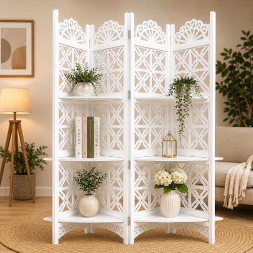 Image of Wooden Partition Divider for Living Room, Partition Wall, Privacy Divider, Freestanding Folding Panels for (6 Feet 5 Panel with 3 Shelve) (6 Feet 4 Panel with 4 Shelf White)
