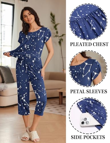 Image of Ekouaer Women's Capri Pajama Set Short Sleeve Mumu Pjs Pleated Top Capri Pants with Pockets Sleepwear Lounge Set
