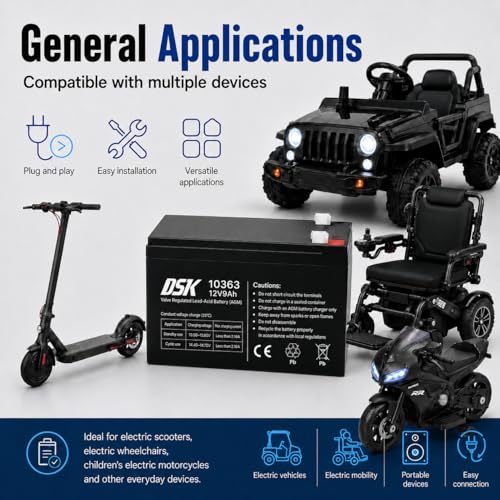 DSK AGM-Batterie 12V 9.0Ah – Wartungsfrei, wiederaufladbar – Universaladapter F1/F2 – Für USV/UPS, Alarmanlagen, Kinderfahrzeuge