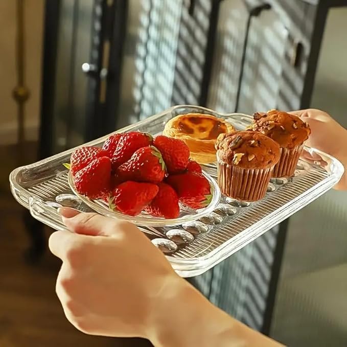 Image of PrimeWorld Bead Rim Decorative 15 inch Plate-2 Pcs Crystal Clear Glass Plate | Large Serving Plate for Dry Fruits, Sweets, Chocolates, Snacks, Dining, Catering, Parties & Wedding Dinner Tableware