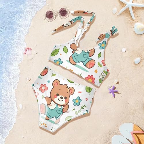 Girls' Bikini Set, Cartoon Bear Flower and Leaf Kids Swimsuit 2 Pcs Beach Bathing Suit4