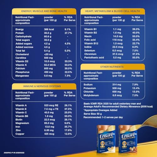 Image of Ensure Strength Pro | High Protein Nutritional Drink for Adults | Rich Chocolate (400g) | 30g Protein, Low GI, Gluten Free | L-Carnitine| No Artificial Flavors | Scientifically formulated with Power of 7- Muscles, Bones, Heart, Immune System, Metabolic System, Nervous system, Blood Cells health