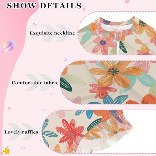 Flowers Colored Pattern Girls One Piece Rash Guard Swimsuit, Girls Long Sleeve Swimwear for 3-12Y4