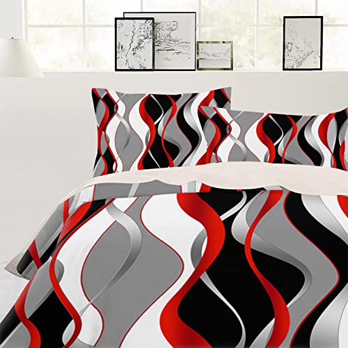 California King Duvet Cover Set - Red Black Grey 4 Pcs Comforter Cover Set, White Moire Geometric Bedding Sets With Zipper Closure, Modern Abstract Microfiber Bed Sheet Soft Quilt Cover 2 Pillow Shams #TOP1