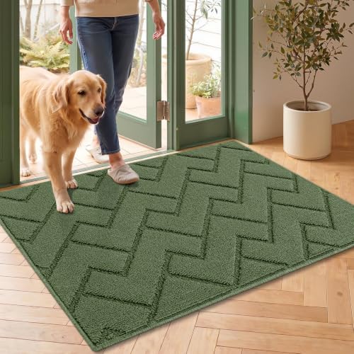Image of hicorfe Door Mat Indoor Entrance,24 inchx35 inch Non Slip Welcome Mat,TPR Backing Dirt Trapper Front Door Mat,Washable Floor Mats,Low-Profile Indoor Door Mats for Entryway,Entrance,Hallway,Laundry(Green)