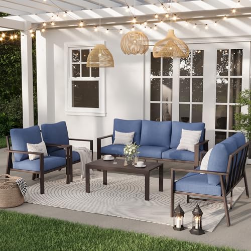 Image of Aluminum Patio Furniture Set 5 Pieces Modern Patio Conversation Sets for Porch, Deck, Garden, 7-Seat Outdoor Furniture Metal Sofa Set with 4 inch Water-Resistant Cushion & Coffee Table,Navy