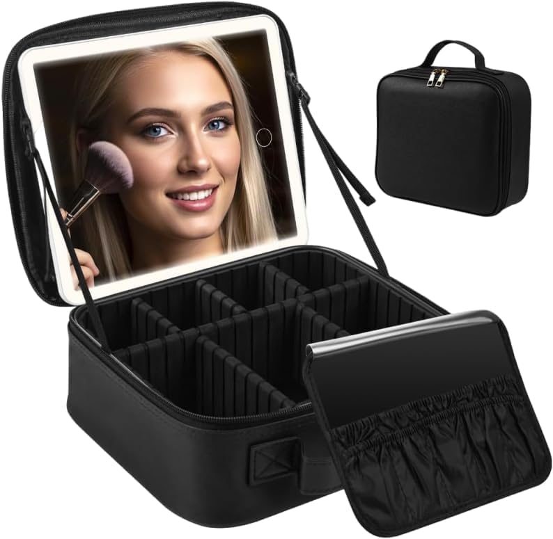 Maleta de Maquiagem com Espelho LED Recarregável – Divisórias Ajustáveis, Grande Capacidade, Acabamento Premium e Organização Profissional para Viagens e Uso Diário