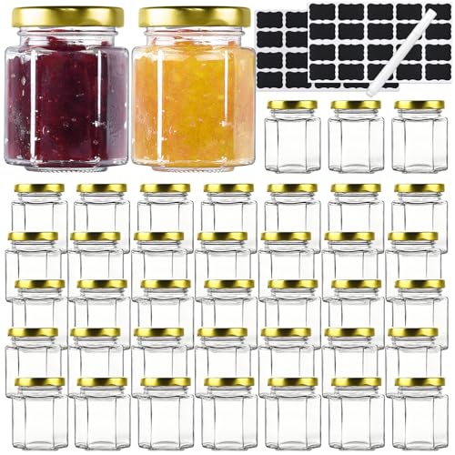 Absolutu Lot de 40 bocaux en verre 100 ml Couvercles métal Étiquettes Réutilisables Bocaux mini confiture Couvercles hexagonaux Épices Bonbons Marinage Mariage