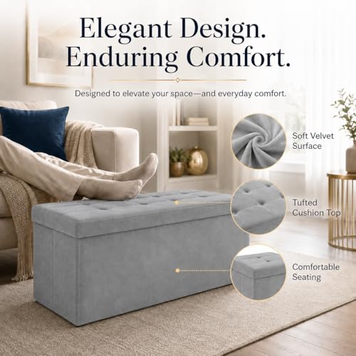 Image of ALASDO 43 Inch Folding Storage Ottoman Bench with Hidden Storage, Velvet Storage Ottoman Foot Rest Stool, End of Bed Bench for Bedroom, Living Room, Entryway and Closet, Dark Gray