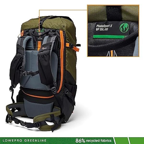 Lowepro PhotoSport X Backpack 35L AW with Recycled Fabrics, Camera Backpack for Reflex and Mirrorless, Rear Access, Removable Camera Insert, Mountaneering Dedicated Features, Size M/L, Dark Grey/Green